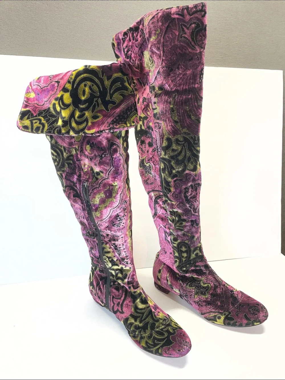 Born Pink Velvet Over-the-Knee Boots with Black and Gold Paisley
